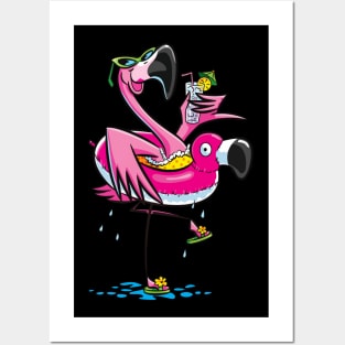 Flamingo drinks wine funny summer holiday tropical Posters and Art